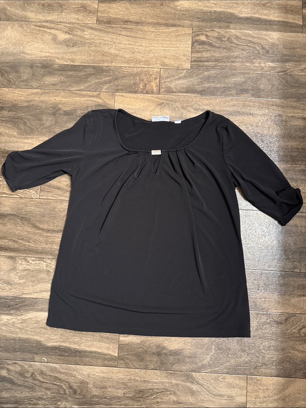 New York & Company Black Scoop Neck Tee with Pleat Detail